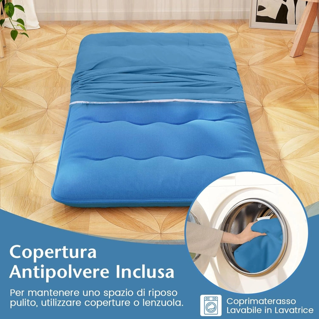 Materasso Futon Pieghevole, Materasso Portatile con Sacca da Trasporto per Camping, Materasso da Terra con Copertura Lavabile (200 x 90 cm, Blu)