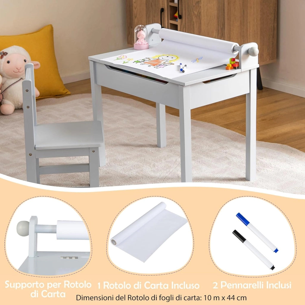 Set Tavolo e Sedia d’Arte per Bambini 3+ Anni, Scrivania in Legno di Pino da Disegno con Portarotolo, Piano Ribaltabile & Vano Portaoggetti, Rotolo di Carta (10m) e 2 Pennarelli (Grigio)
