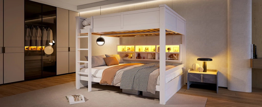 LETTO A CASTELLO 160x200 cm Bianco con 6 vani contenitori e luci LED