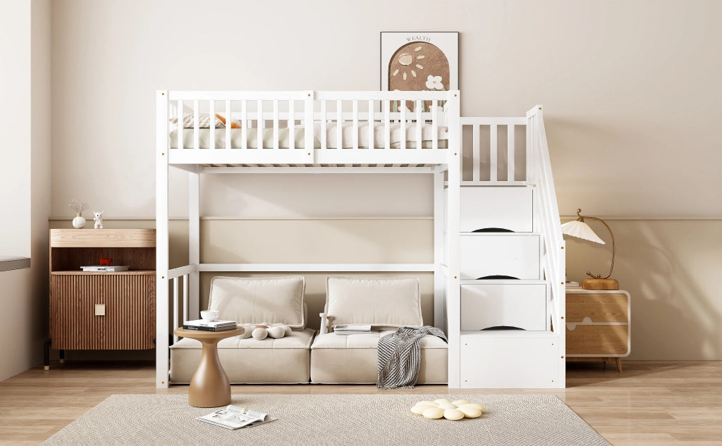 DESMIU Letto a soppalco 90 × 200 cm 1 posto con scala contenitore e scrivania, senza materasso, bianco