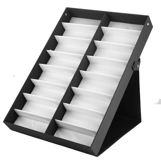 Brillenbox con 16 compartimenti - Brillenbox per auto - Standa di occhiali standard - Cassetto di archiviazione - Costruito con MDF duraturo - Copertura pieghevole - Brillenbox