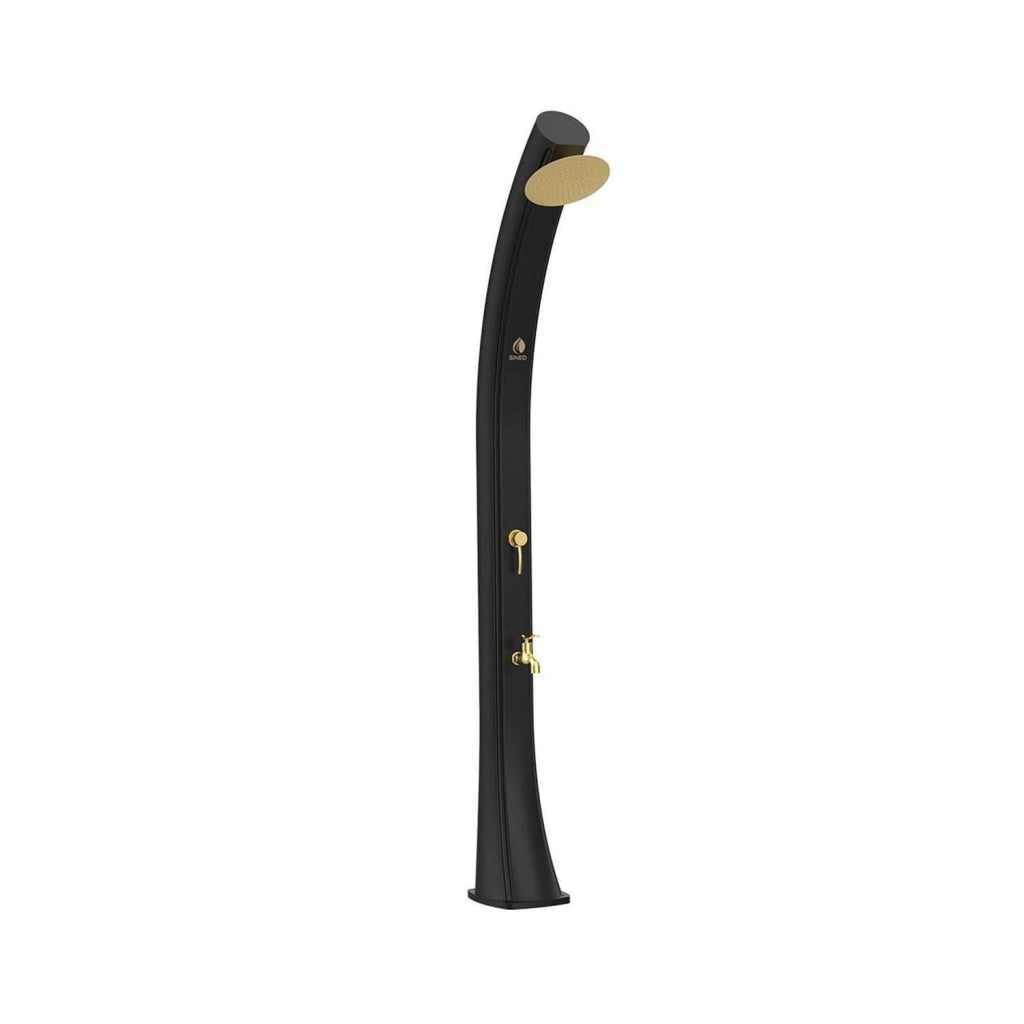Sined Sole Xxl Doccia Solare Curva In Polietilene Hd Con Rubinetto e Lavapiedi Nero Serbatoio 40l Soffione Rotondo Rubinetto Lavapiedi Accessori In Metallo Colore Oro