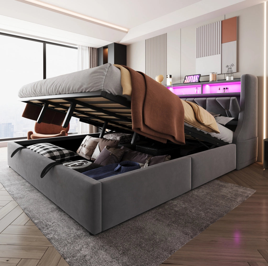 Letto imbottito 180x200 cm con vano idraulico, LED e rivestimento in velluto grigio