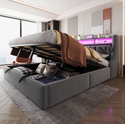 Letto imbottito 180x200 cm con vano idraulico, LED e rivestimento in velluto grigio