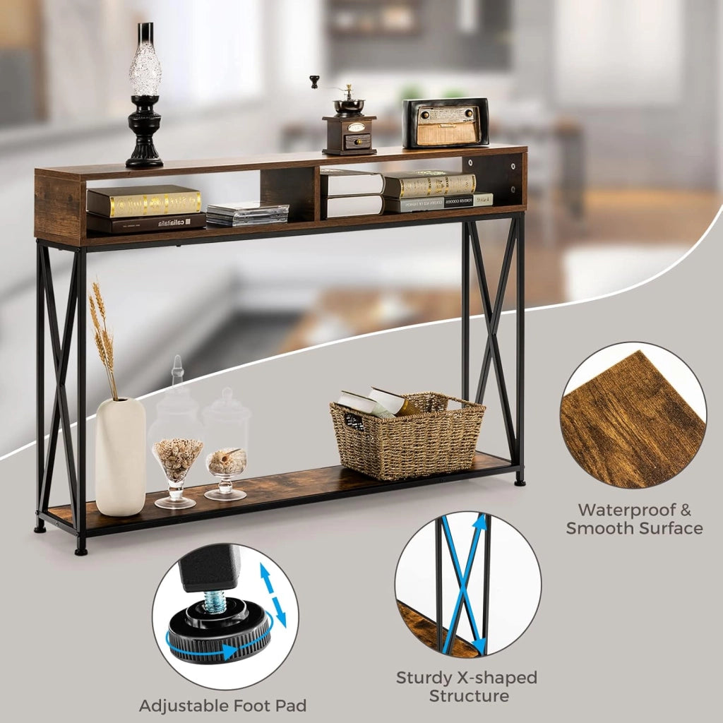 Tavolo Consolle Ingresso, Tavolini Stretto a 3 Ripiani, Salvaspazio e Multiuso, in Ferro, Industriale, Portata di 45 kg, 120x23x79cm, 3 Colori Disponibili, Nero/Bianco/Marrone