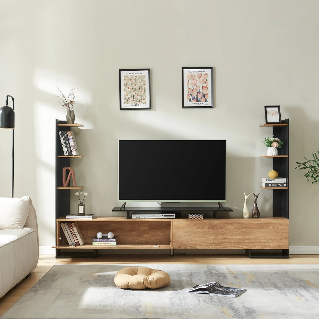 Mobile TV Rauki con Ripiani Laterali e Ante a Ribalta - Nero/Effetto Legno di Mango [en.casa]
