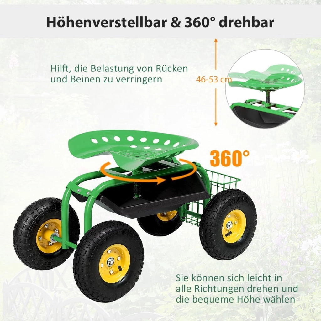 Sedia a rotelle per giardinaggio, girevole a 360° e regolabile in altezza da 46-53 cm, con cestino e ripiano, portata 150 kg, per giardinaggio e cura dell'auto, verde