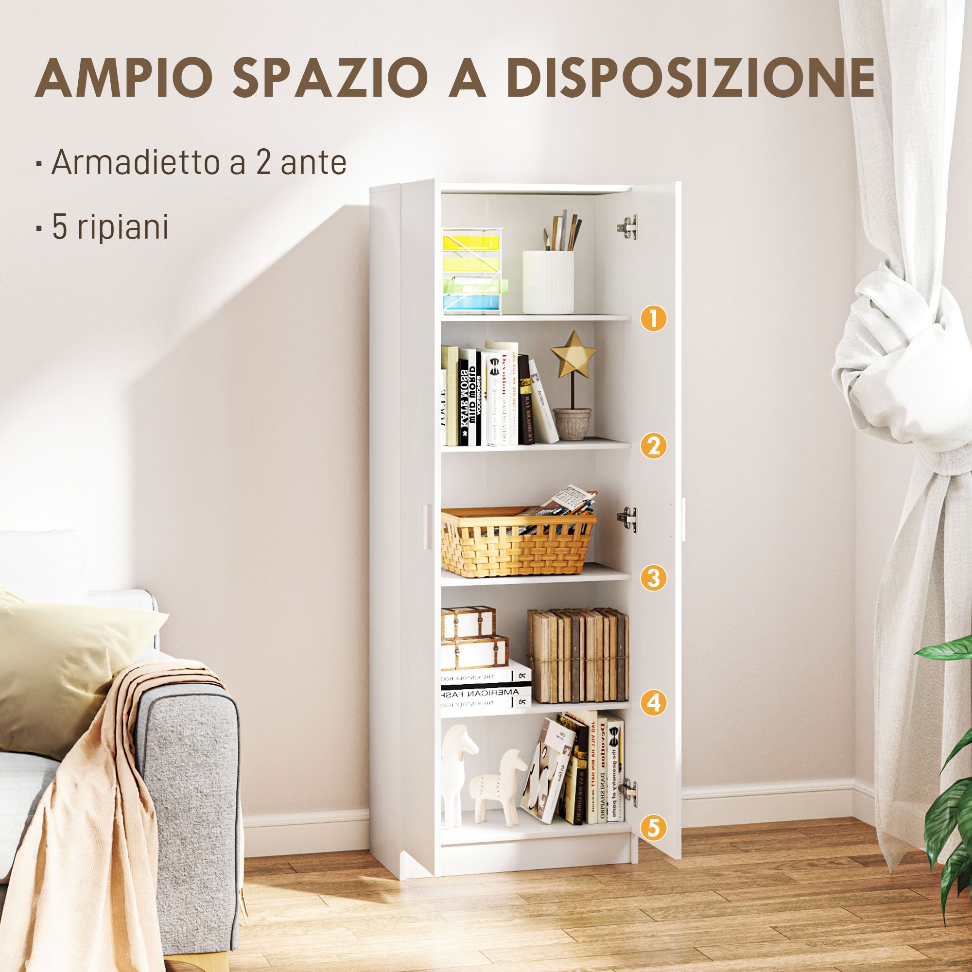 Credenza Mobile Alto Cucina  Multiuso 60x31.5x165 cm in Legno Bianco