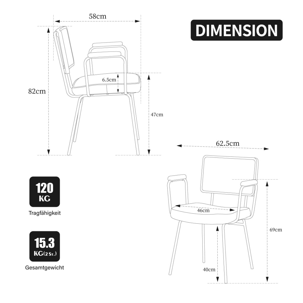 Set di 2 sedie da pranzo 38x57.5x61.5 cm con braccioli; schienale ergonomico in PU e metallo marrone