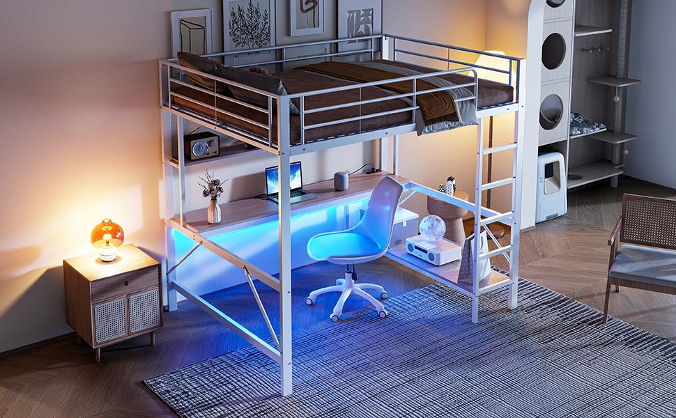 DESMIU Letto a soppalco letto matrimoniale con USB, presa, LED, scrivania e scaffali 140 × 200 cm, senza materasso, bianco