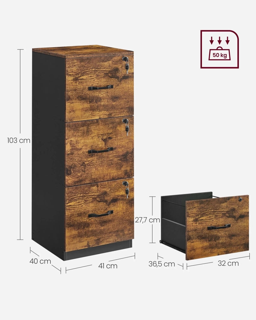 Cassettiera da ufficio a 3 cassetti portadocumenti supporto per stampante 3 cassetti con serratura 40 x 41 x 103 cm barra appendiabiti regolabile per archivi marrone 12_0004804