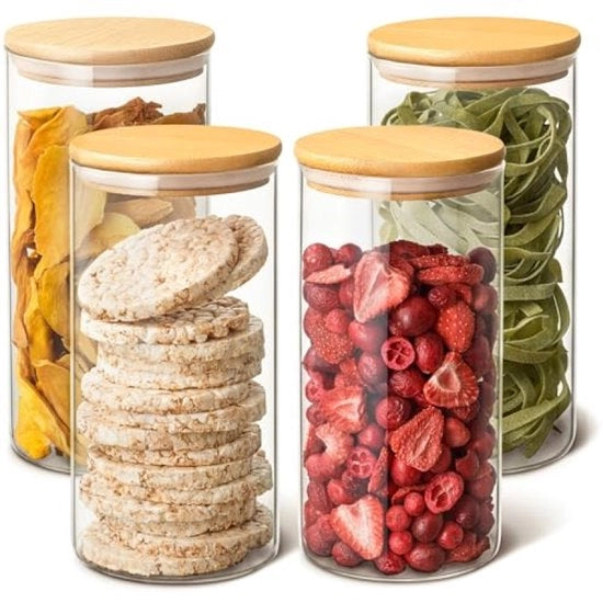 Set di 4 contenitori di conservazione in vetro con coperchi in bambù - Ercolino - 1,2 litri per pezzo