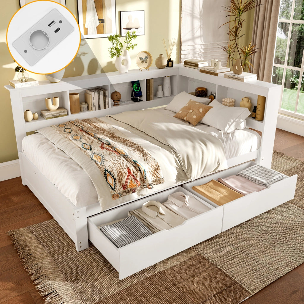 Letto da giorno 140x200 cm con 2 cassetti; presa e 2 porte USB; in MDF e legno di pino; bianco