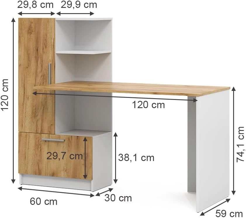 Scrivania Tomy, Rovere bianco/dorato, 150 x 59 cm, con ripiani aperti per una conservazione organizzata