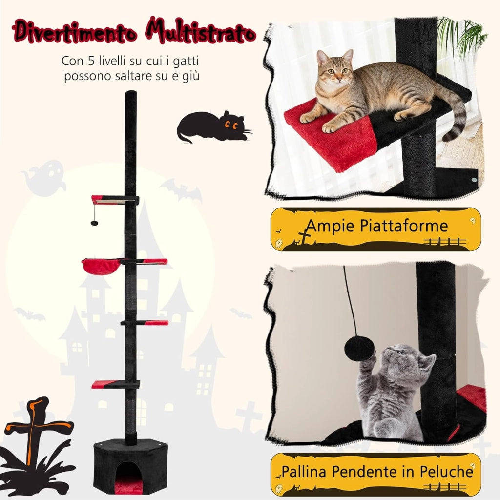 Albero per Gatti in Stile Gotico, Tiragraffi per Gatti da Pavimento a Soffitto Regolabile 245-300 cm con Condo, Amaca, Tiragraffi in Sisal e Pallina Pendenti, Mobile da Interno per Gattini