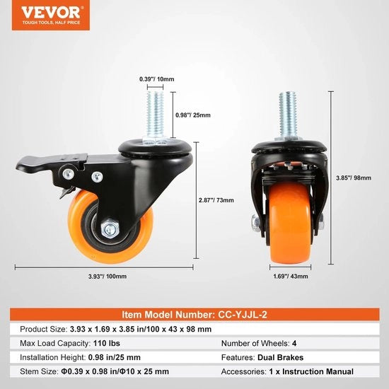 Set di 4 Ruote Zwenkwielen - Inclusa Frenata - 100mm Ruote - 2"- Arancione