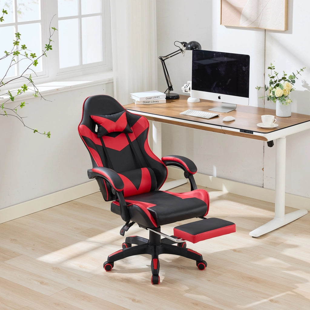 Sedia Gaming Ergonomica Girevole ¨C MINIMAL ¨C Ecopelle Nero e Rosso, Poggiatesta, Schienale Alto