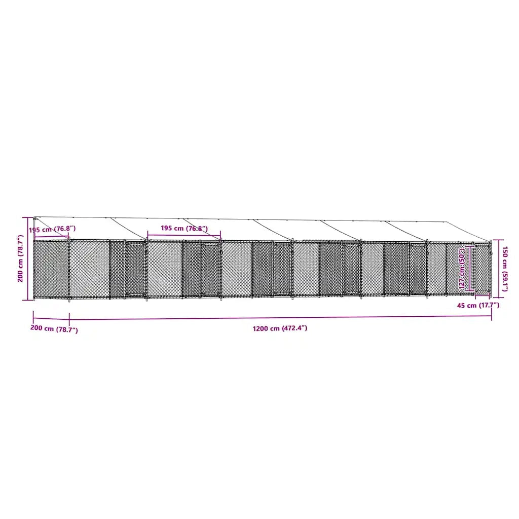 Gabbia Cani con Tetto e Porte Grigia 12x2x2 m Acciaio Zincato