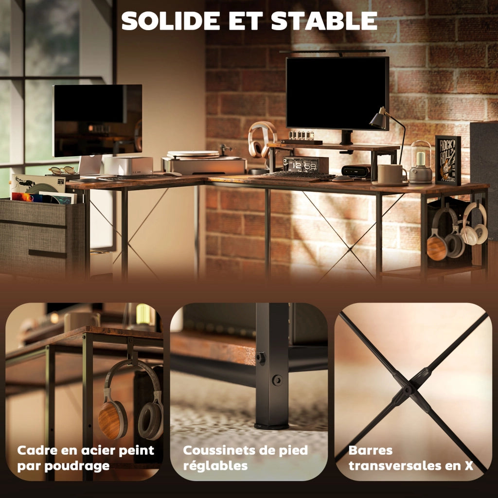 Scrivania angolare reversibile per computer, marrone rustico, ripiano regolabile e supporto monitor, 168-240 cm, per casa e ufficio