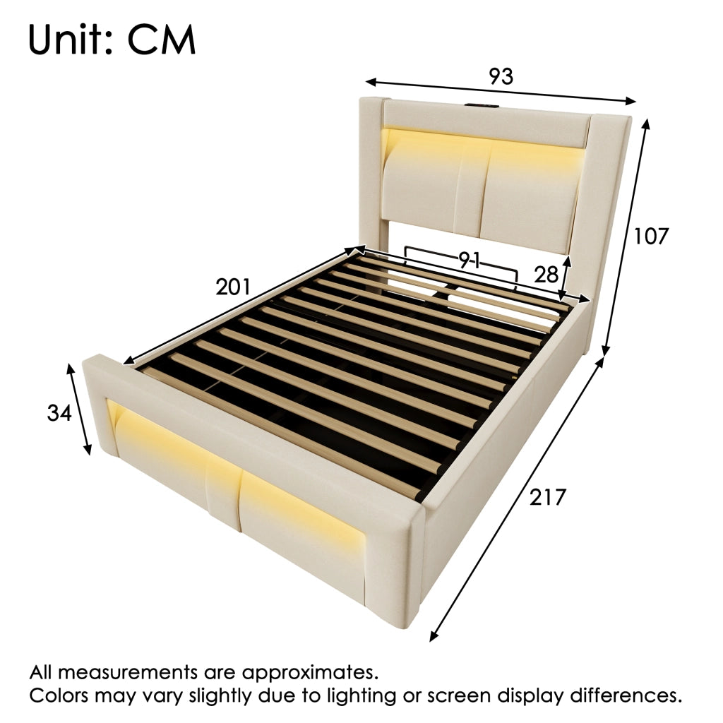 OKWISH Letto Contenitore 90×200 cm, Letto Singolo con LED Regolabile, USB, Type C e Testiera Curva, Materasso Incluso, Velluto Beige