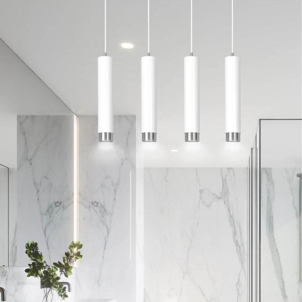 Lampadario 4 Luci Brunilde In Acciaio Bianco E Tubolari In Bianco E Cromo