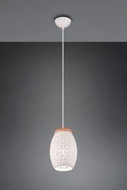 BIDAR SOSPENSIONE METALLO BIANCO TAGLIO LASER CON INSERTO IN LEGNO D. 15CM 1 LUCE ATTACCO E27