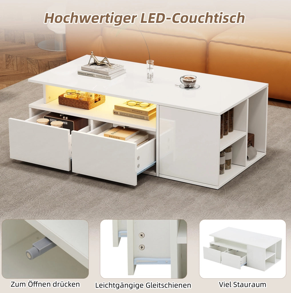 Tavolino da caffè LED bianco 100x50x35 cm con 2 cassetti