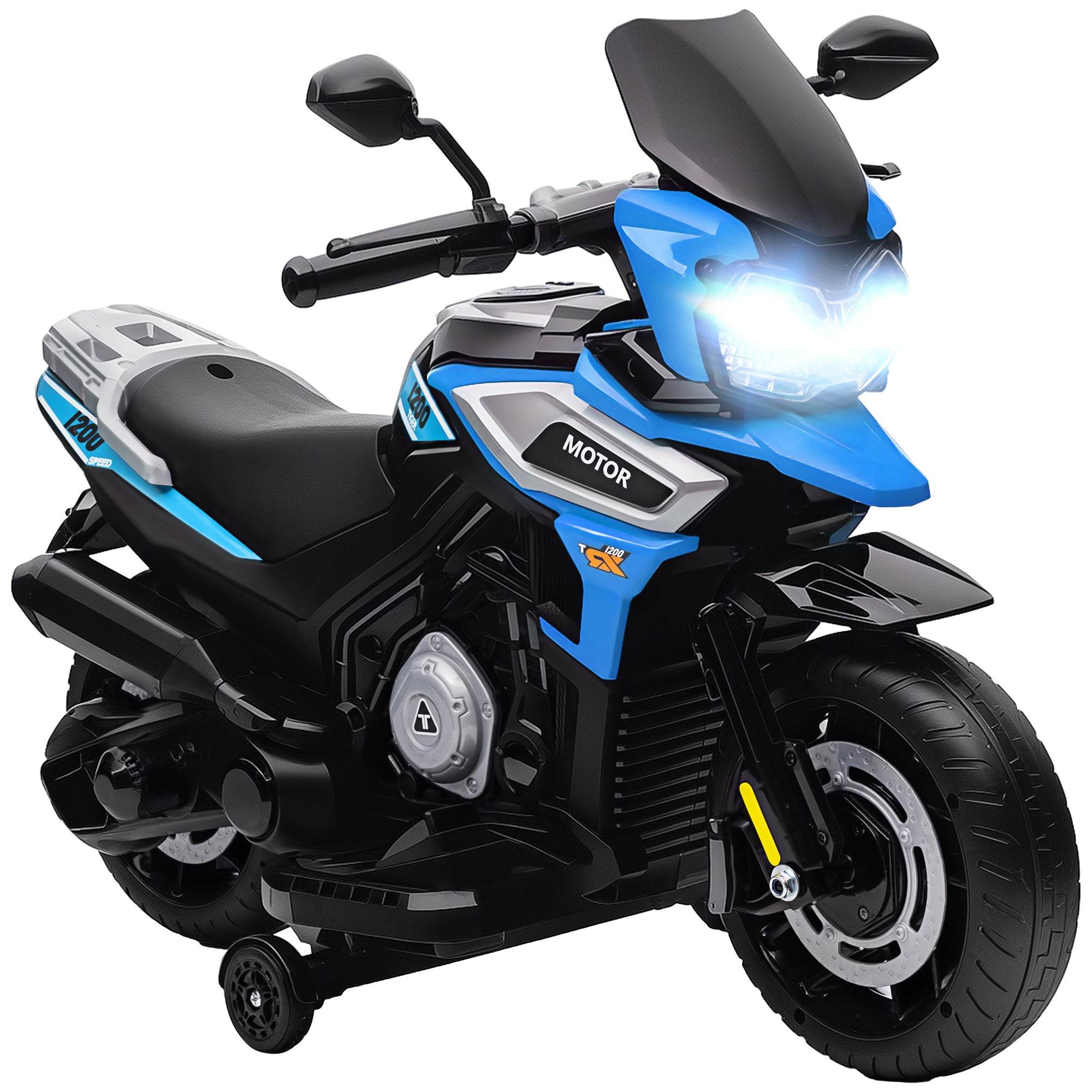 Moto Elettrica per Bambini 12V con Rotelle Specchietti e Poggiapiedi in PP e Metallo Blu