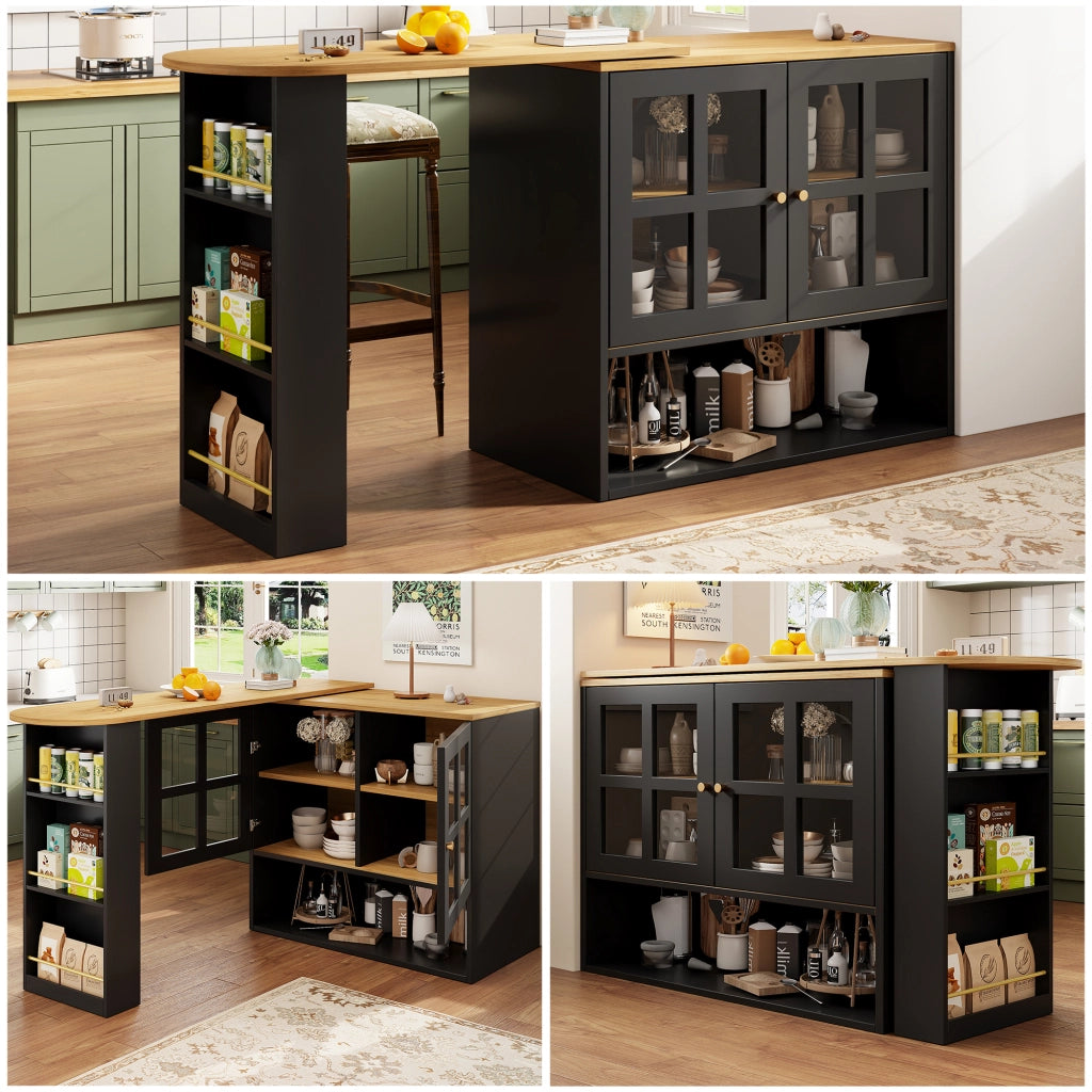 CREDENZA Girevole 138-204x39x102,5 cm MDF Nero con ante in vetro