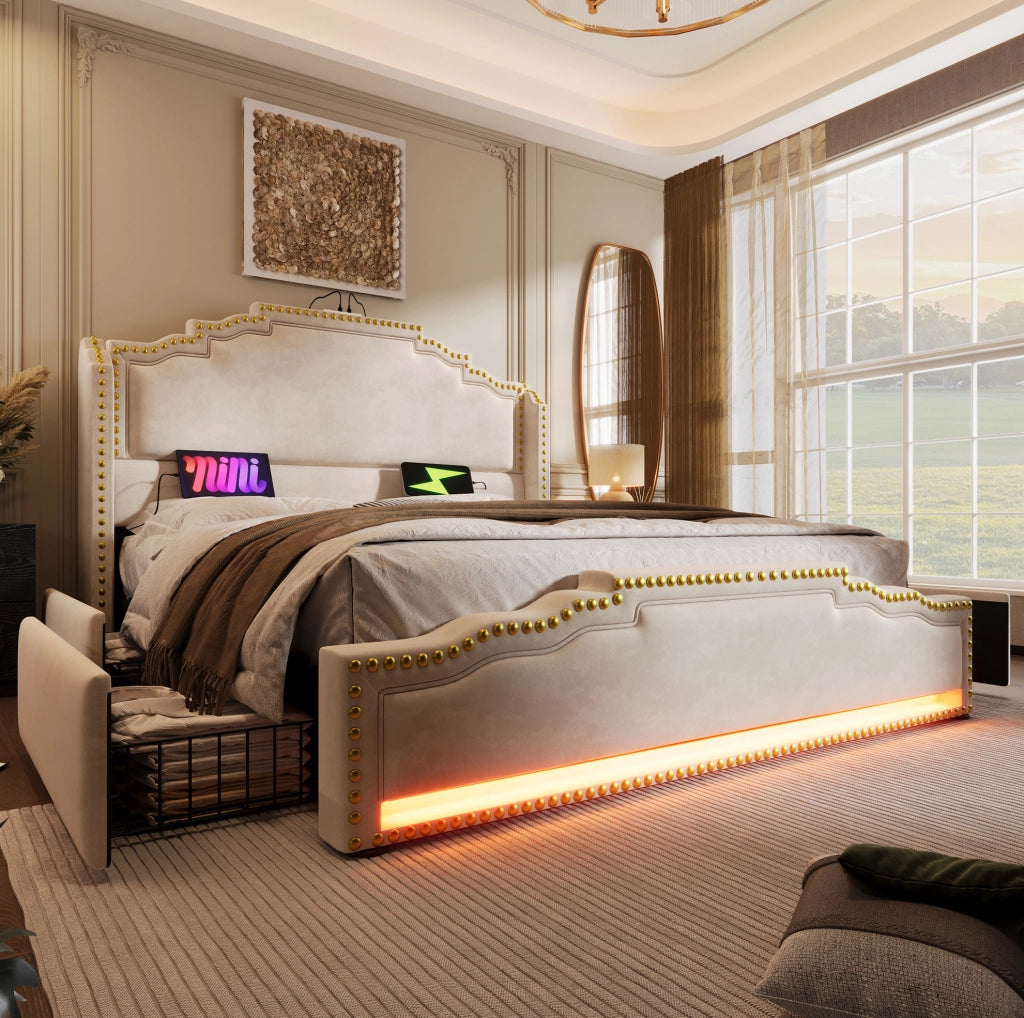 Letto imbottito beige 160 x 200 cm con materasso, LED, cassetti e ricarica