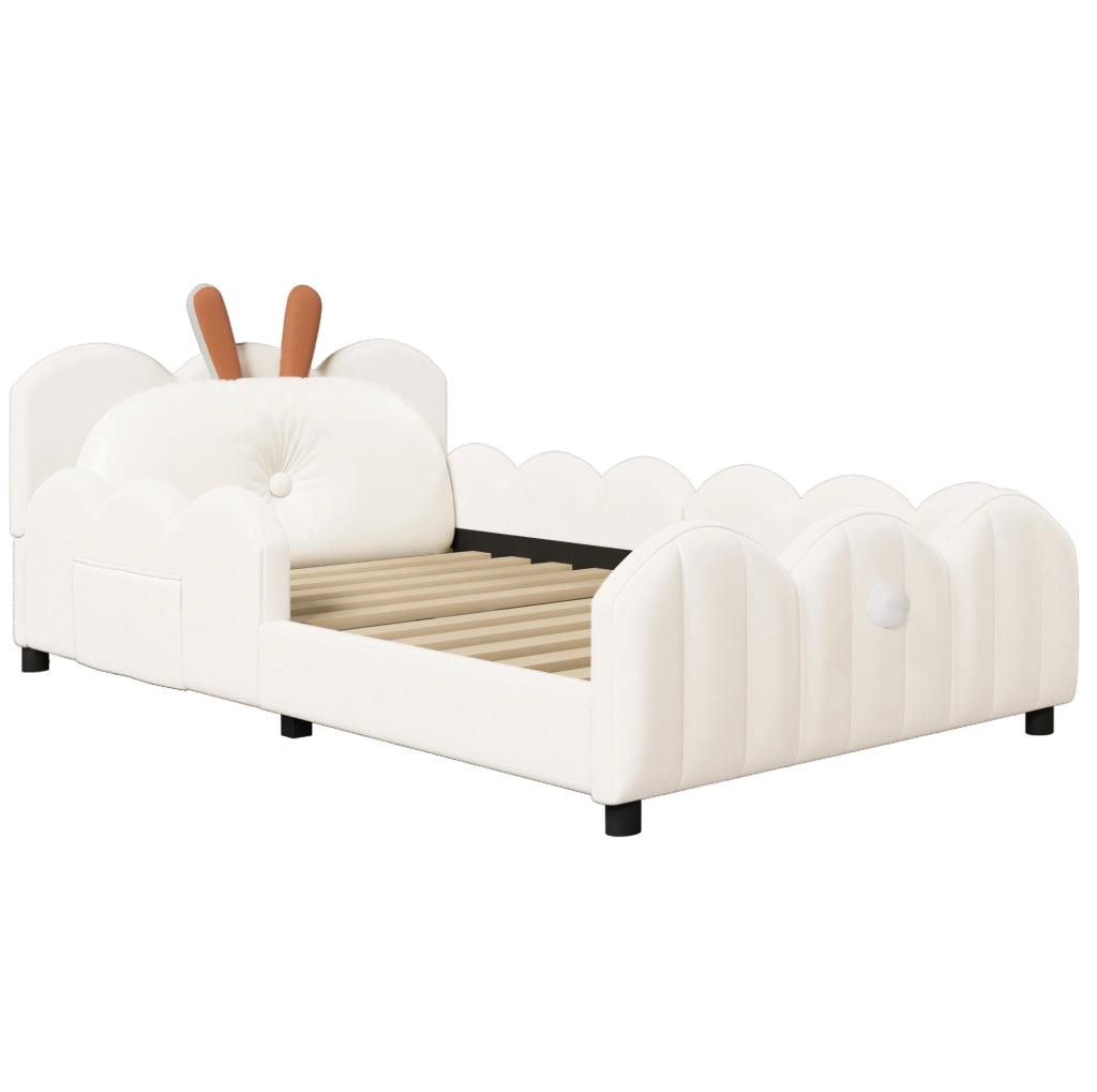 Letto piattaforma imbottito 90x200 cm con cuscino a forma di coniglio, beige
