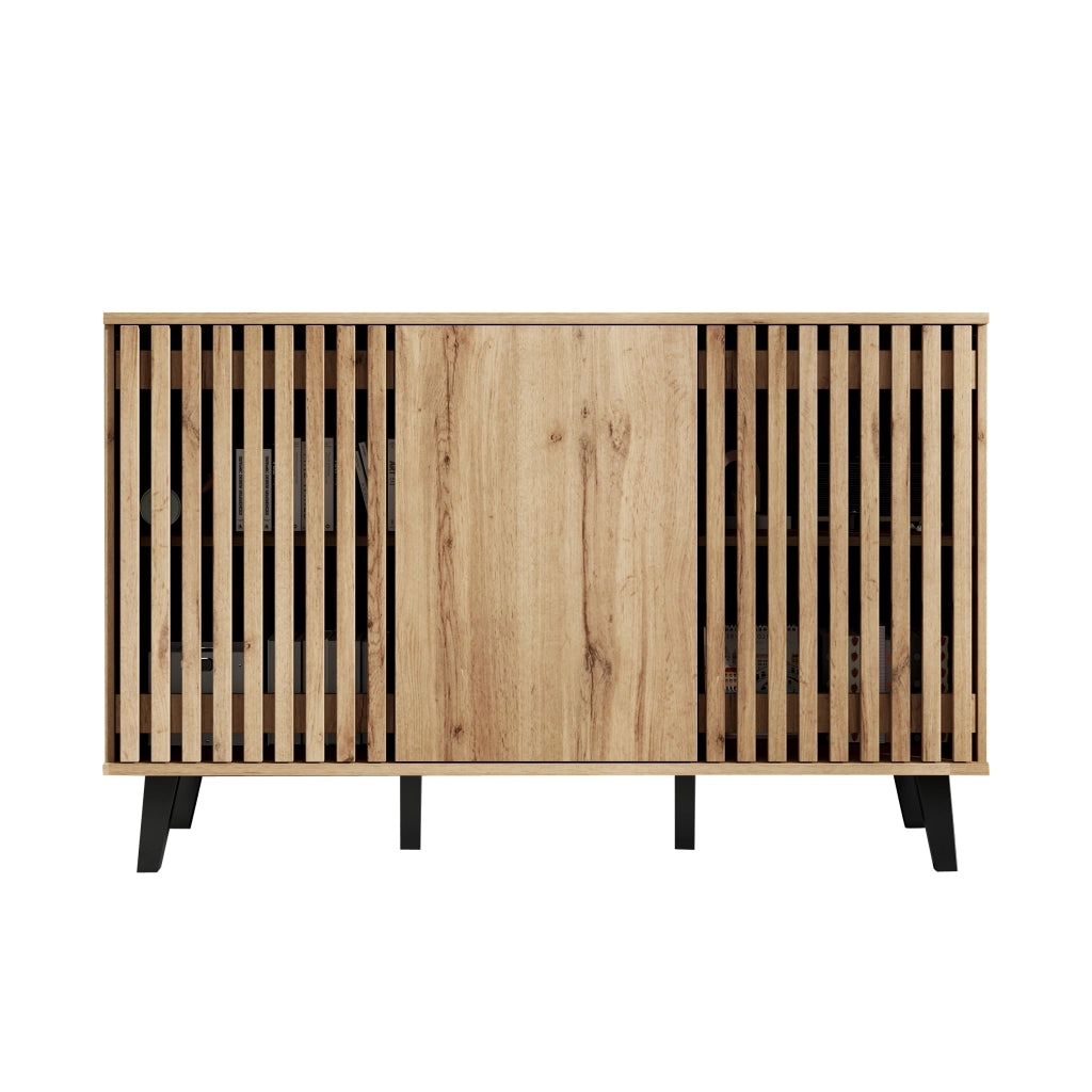 Credenza con 3 ante e 6 scomparti; ante traforate e anta chiusa; per soggiorno e camera; 150 × 40 × 95 cm