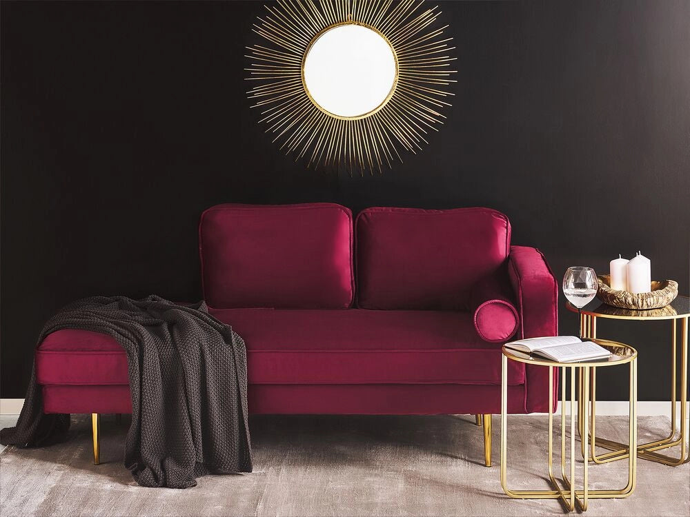Chaise longue Velluto Rosso Scuro Imbottito versione destra Orientamento Gambe In Metallo Rafforzamento Cuscino Design Moderno