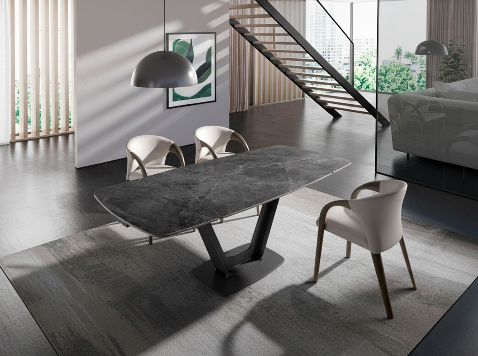 Tavolo da pranzo allungabile barile ovale marmo porcellanato e acciaio nero