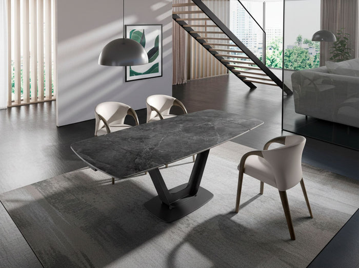 Tavolo da pranzo allungabile barile ovale marmo porcellanato e acciaio nero