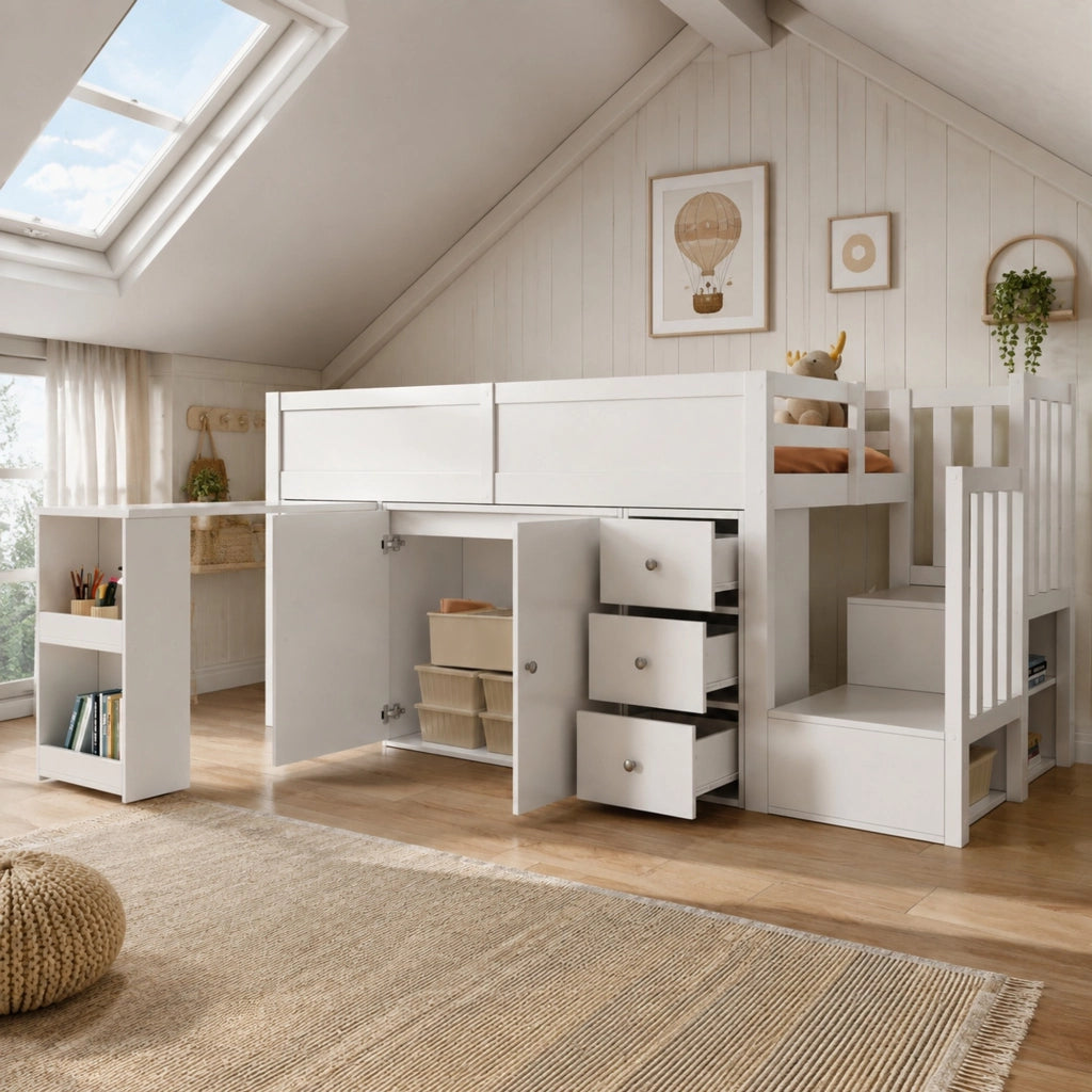 Letto a castello per bambini 90x200 cm in MDF bianco con scrivania estraibile e contenitore
