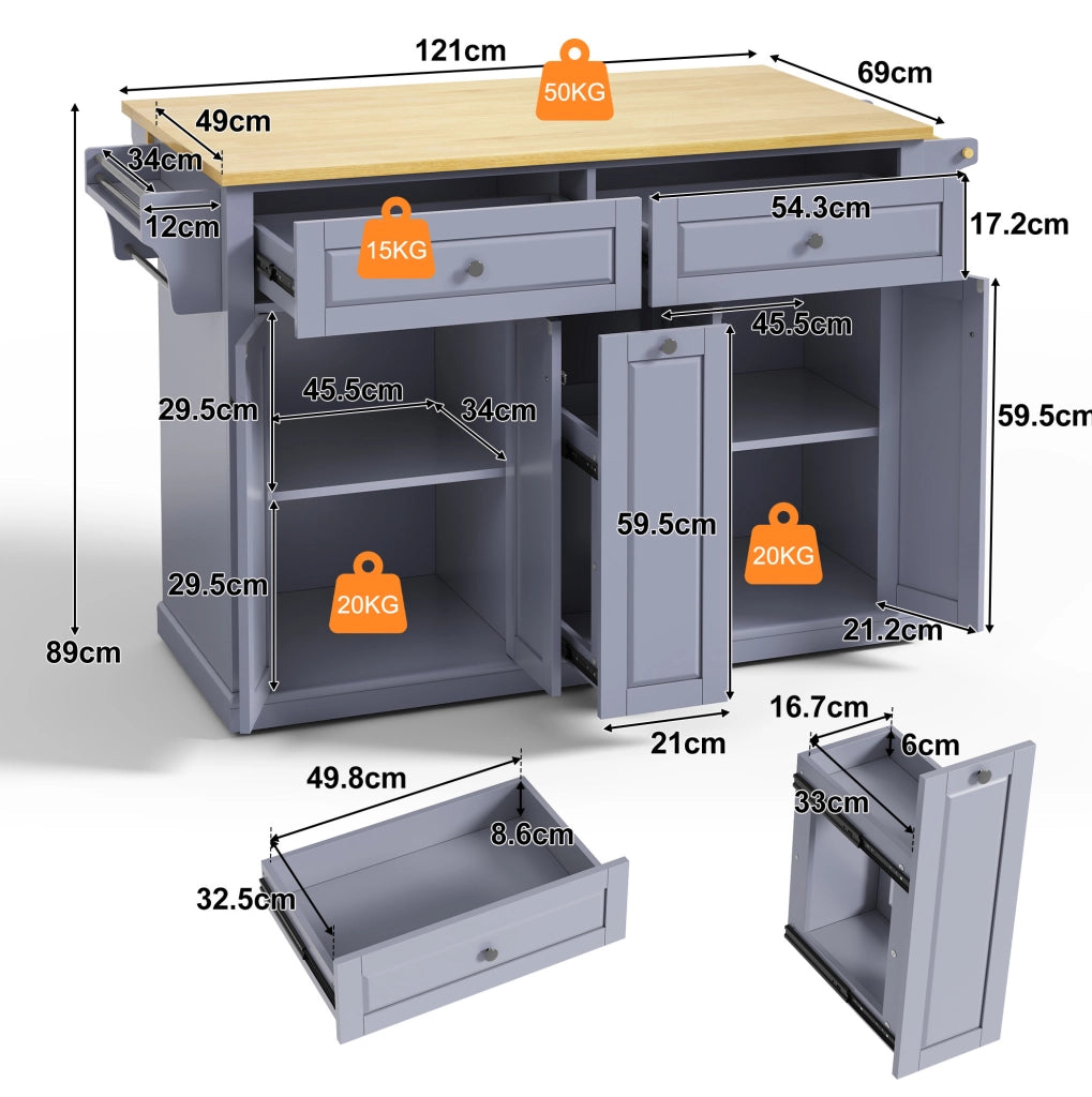 Isola da cucina mobile con piano ribaltabile, MDF, naturale e grigio