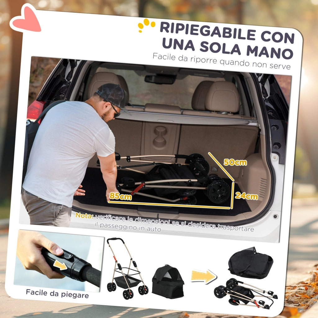 Passeggino per Cani 3 in 1 Pieghevole con Cestino Inferiore Nero