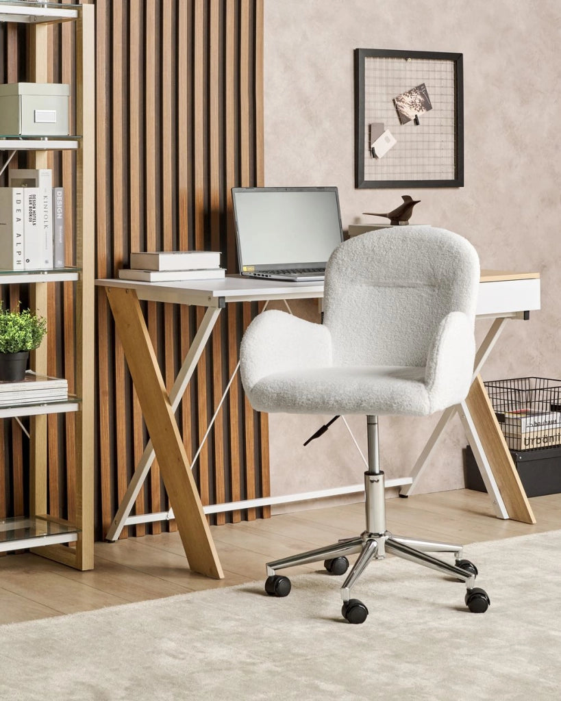 Sedia da ufficio girevole con altezza regolabile in tessuto boucle bianco stile moderno retrò ufficio di casa