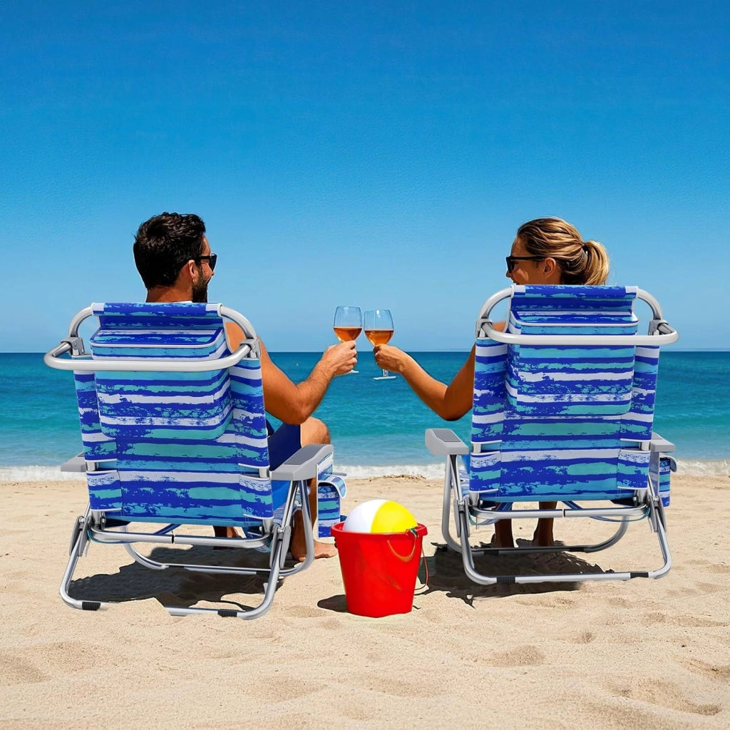 Sedia da Spiaggia Pieghevole, Spiaggina con Schienale Regolabile in 5 Posizioni, Sdraio Mare con Poggiatesta, Lettino Prendisole con Tasca Laterale, Carico 150 kg (Strisce Blu*1)
