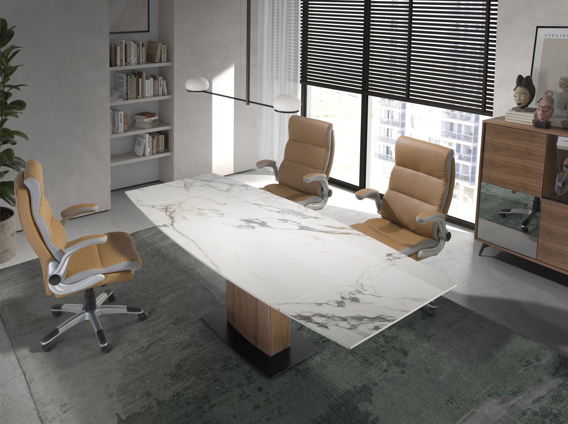 Tavolo da pranzo allungabile barile ovale marmo porcellanato e noce