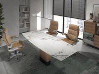 Tavolo da pranzo allungabile barile ovale marmo porcellanato e noce