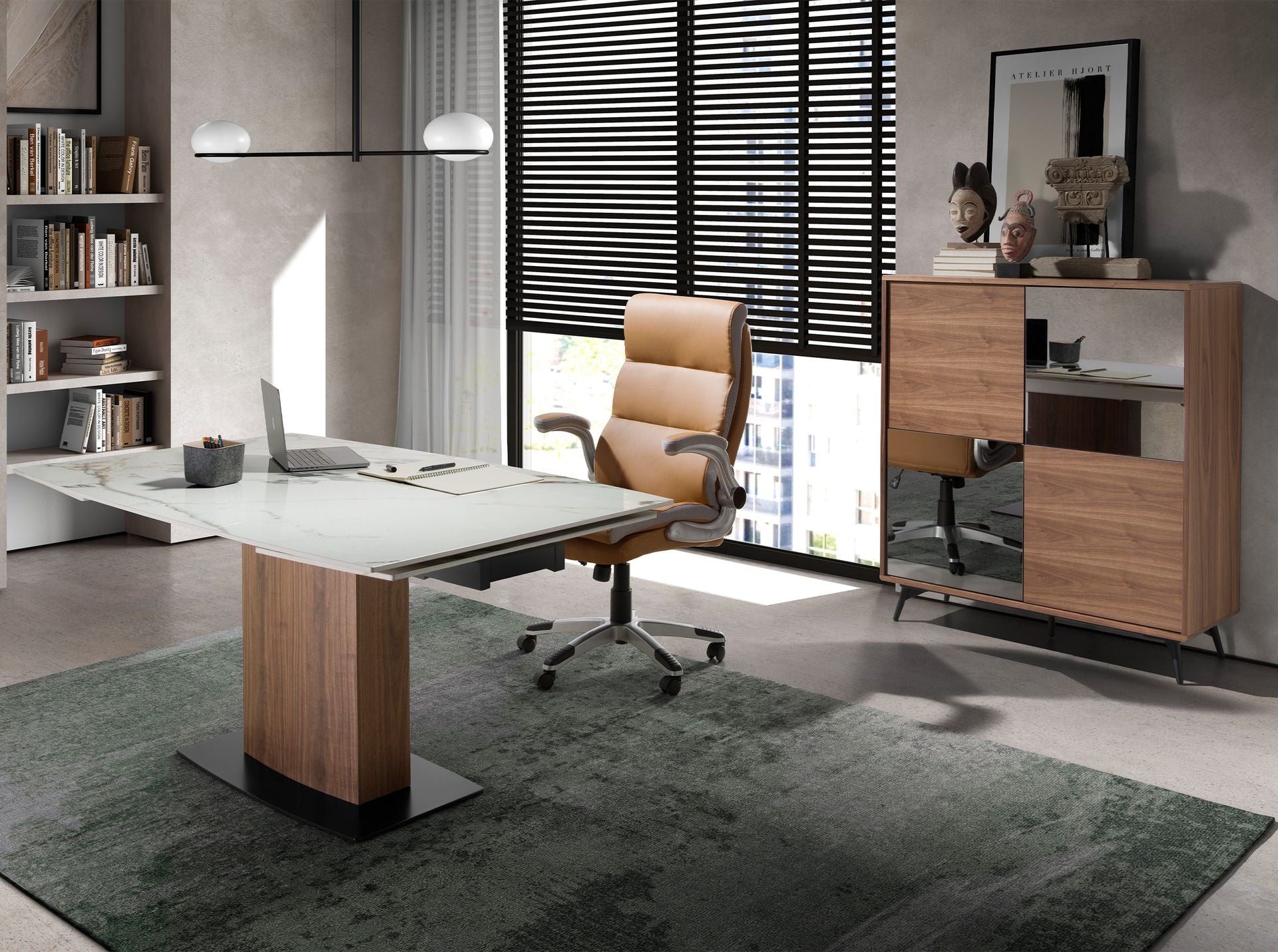 Tavolo da pranzo allungabile barile ovale marmo porcellanato e noce