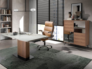 Tavolo da pranzo allungabile barile ovale marmo porcellanato e noce