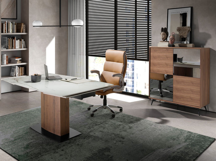 Tavolo da pranzo allungabile barile ovale marmo porcellanato e noce