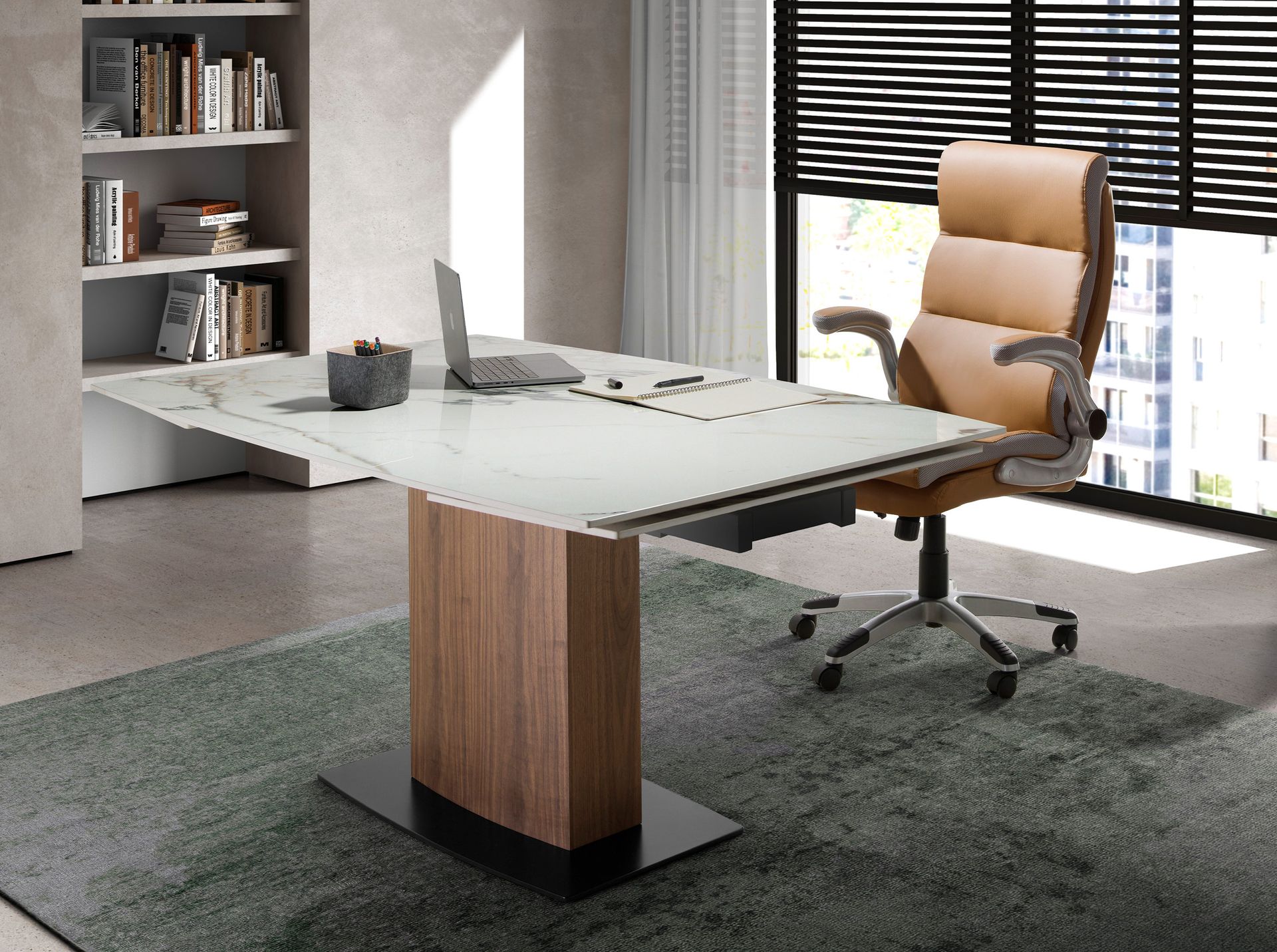 Tavolo da pranzo allungabile barile ovale marmo porcellanato e noce