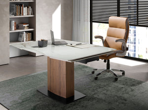 Tavolo da pranzo allungabile barile ovale marmo porcellanato e noce