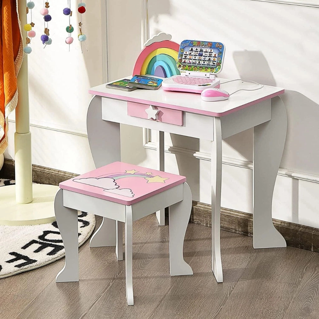 Toeletta per bambine, toeletta principesse con sgabello specchio smontabile e cassetto Bianco-Toelette per bimbi