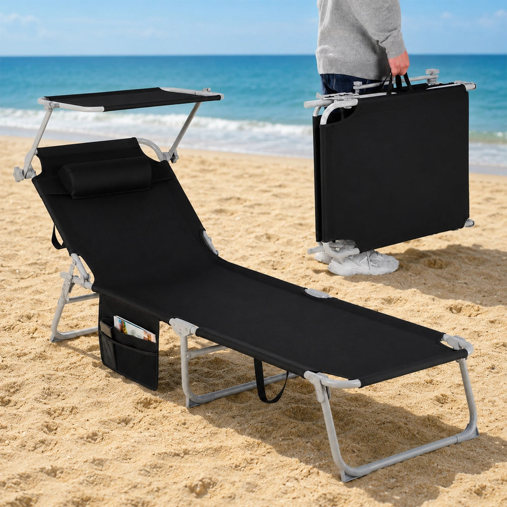 Lettino Pieghevole da Spiaggia Esterno Piscina Nero Sdraio da Mare con Parasole