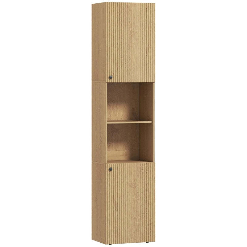 Colonna bagno con 2 vani chiusi; 2 ripiani aperti e 3 ripiani regolabili per bagno; 40×31×182 cm